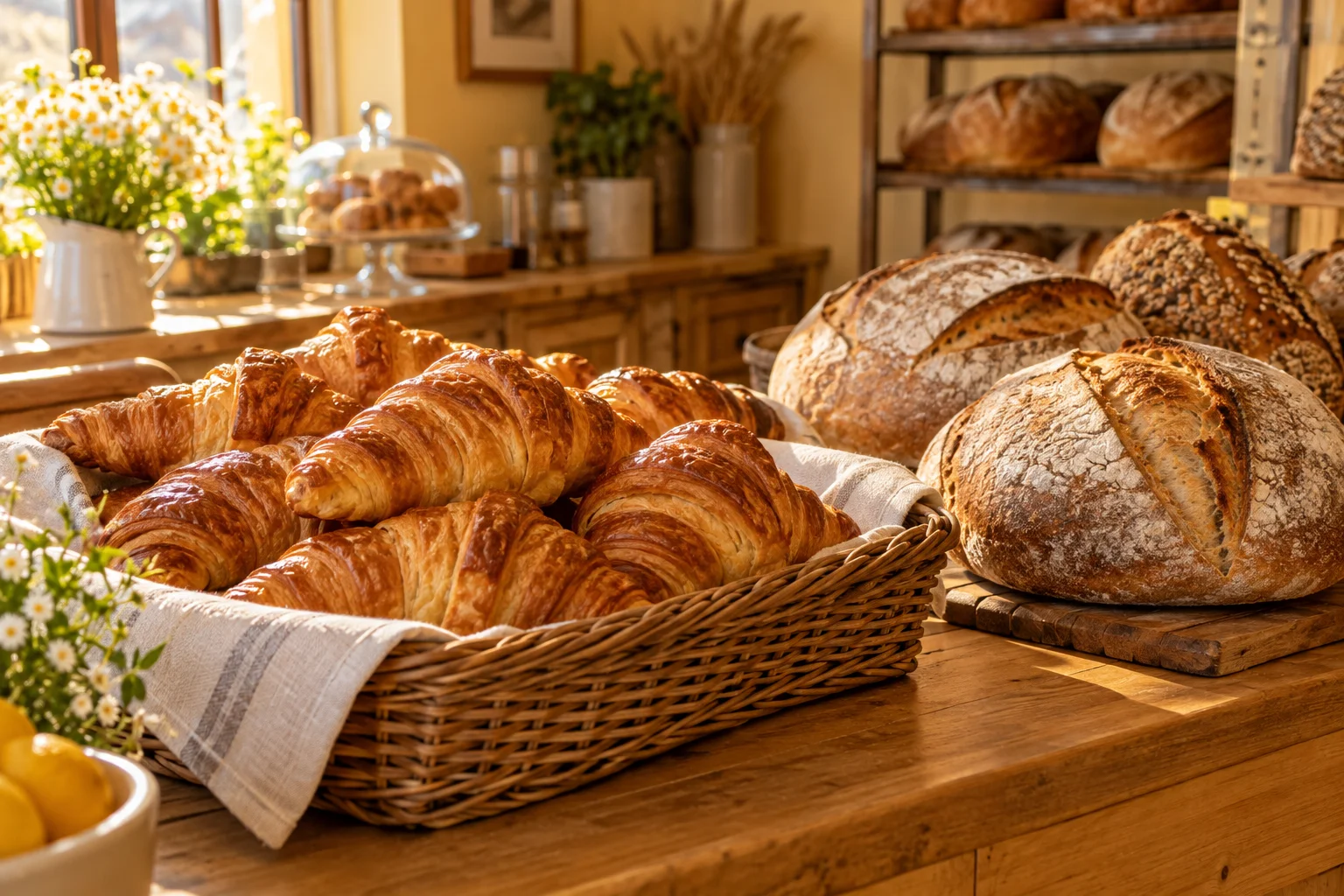 Fresh croissants and sourdough loaves on a warmly lit neighborhood bakery counter