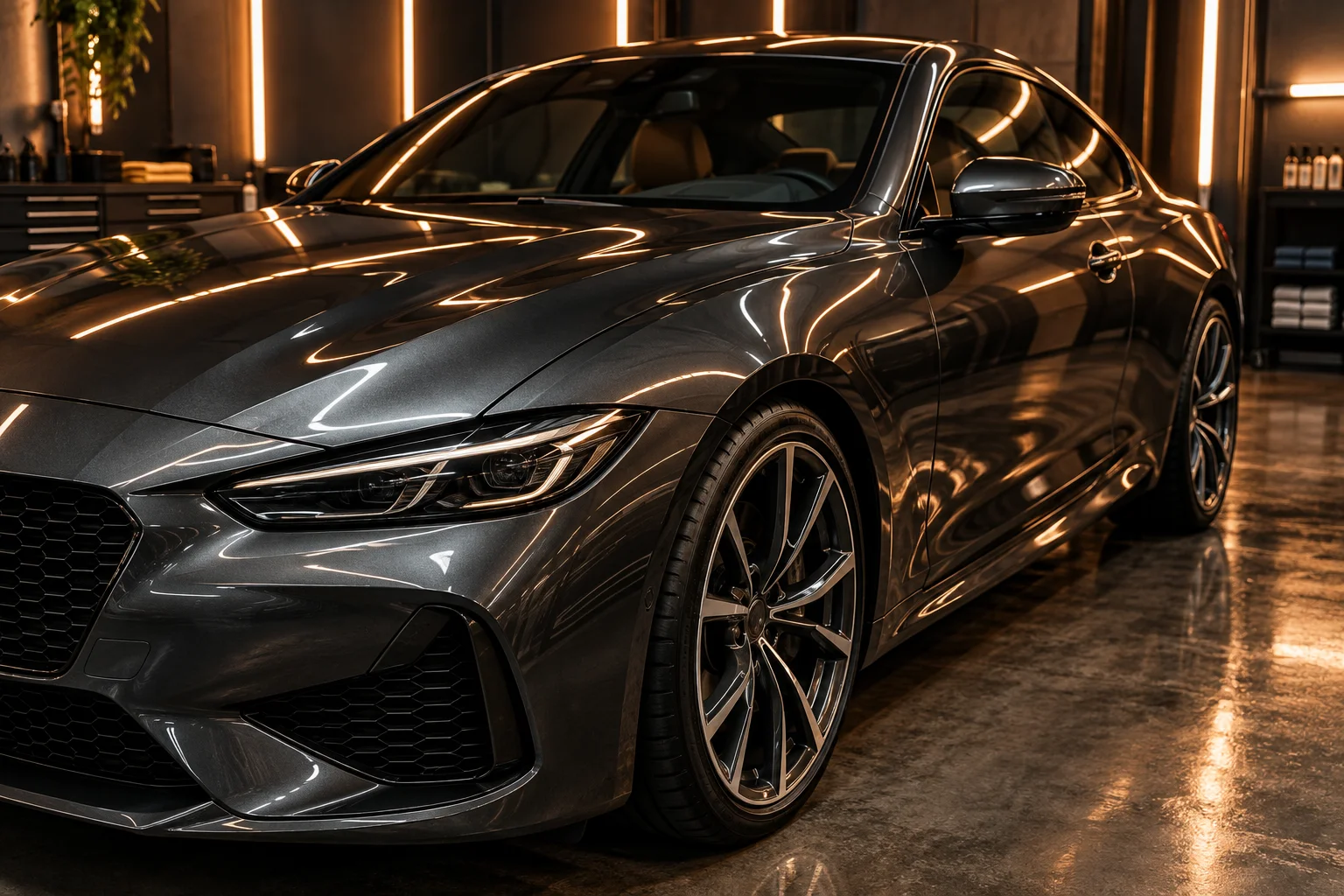 A glossy charcoal coupe with polished paint and wheels in a warmly lit detailing studio