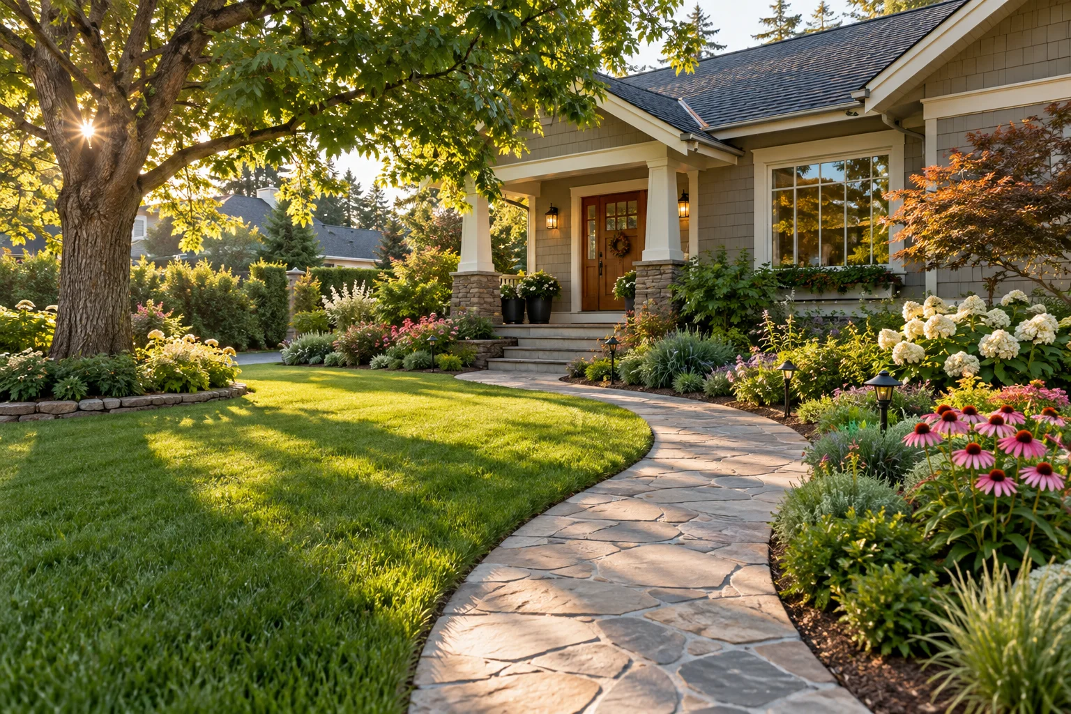 A lush residential garden with a curved stone path and carefully maintained borders