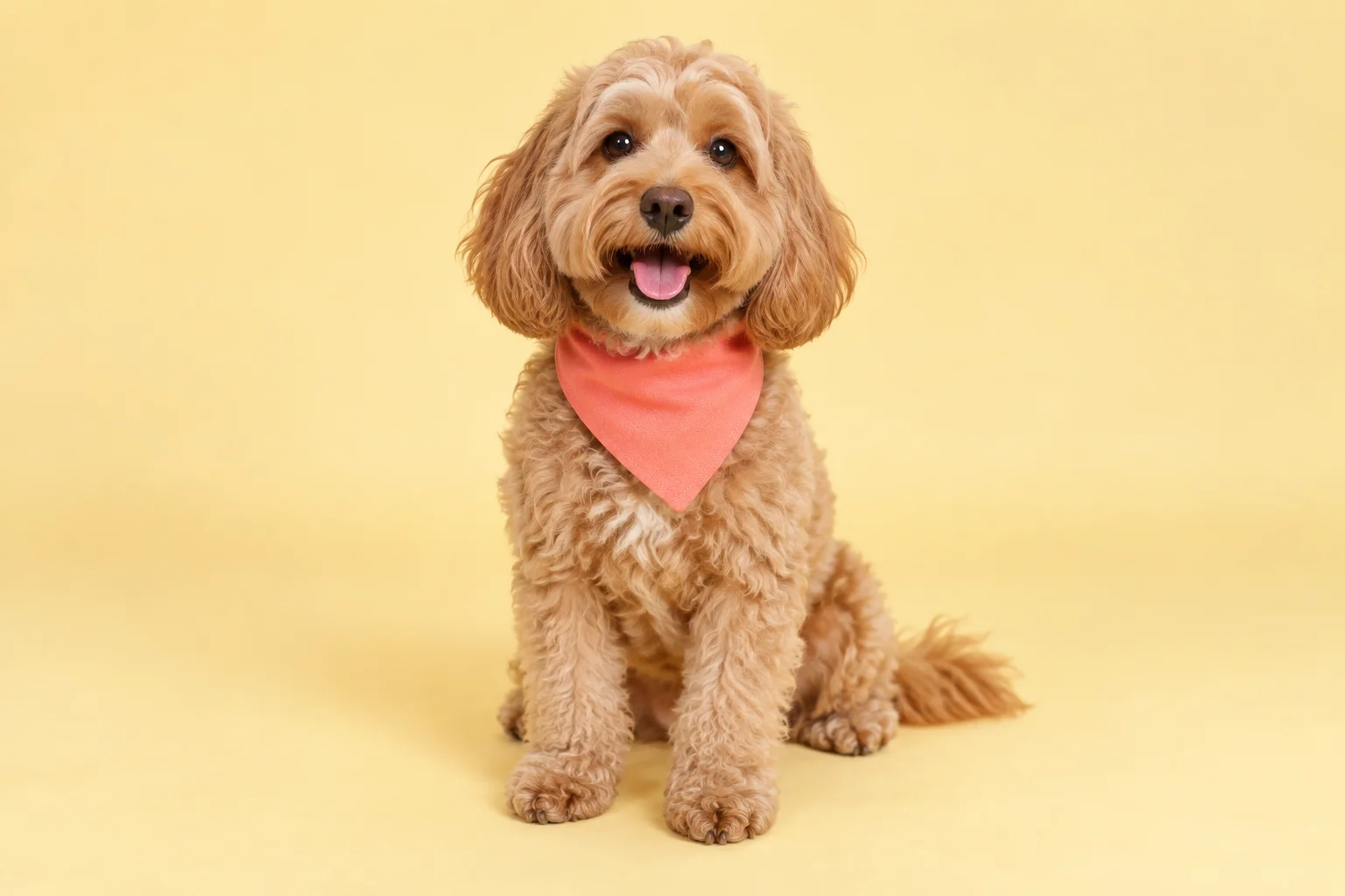 A freshly groomed apricot cockapoo wearing a coral bandana against a pale yellow background