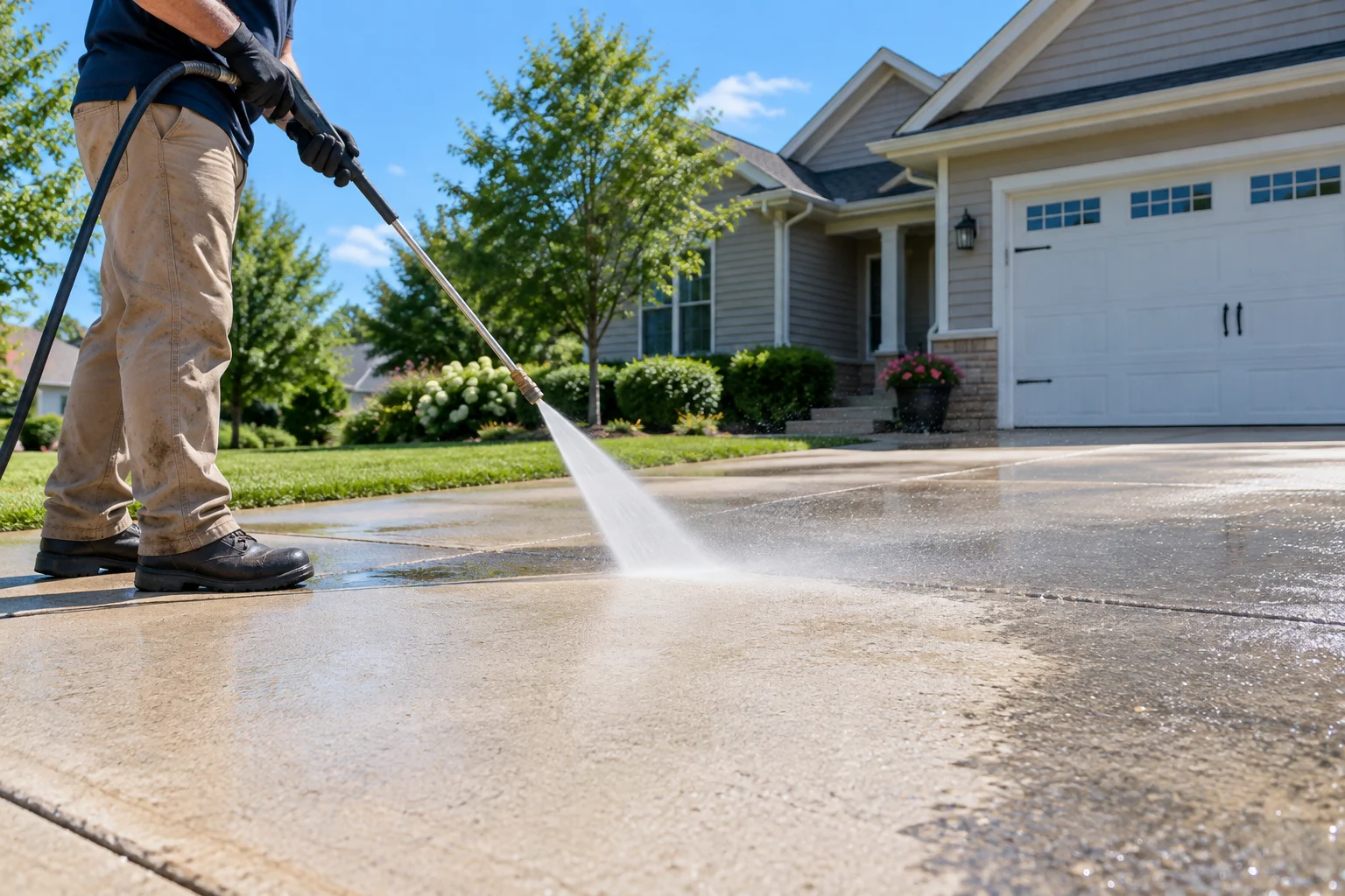 A worker cleaning a residential concrete driveway with a pressure washing wand