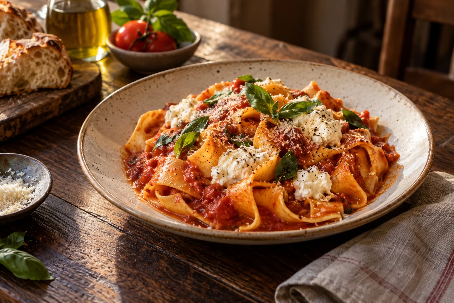 Fresh tomato and basil pasta on a rustic restaurant table