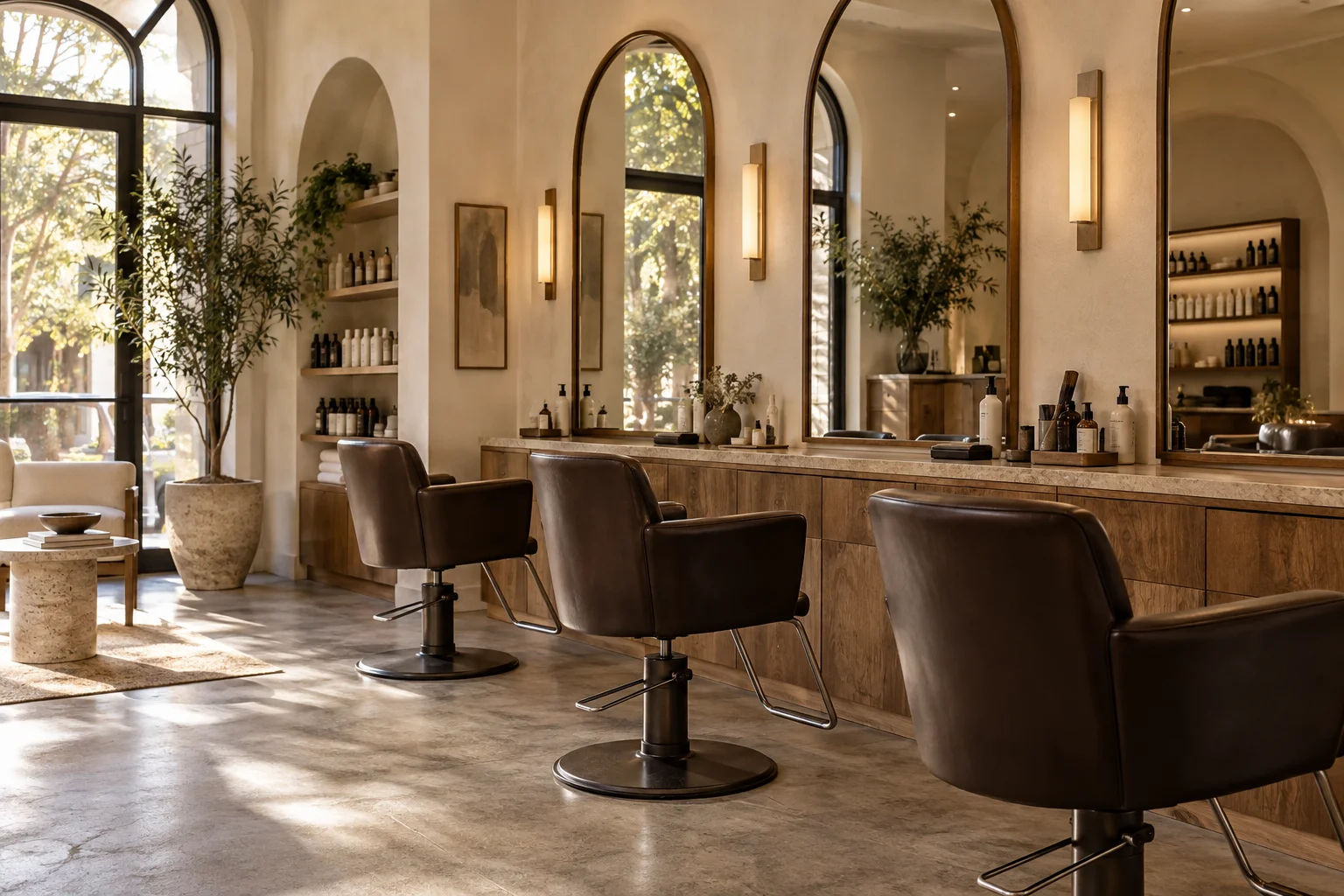 An inviting hair studio with arched mirrors and styling chairs